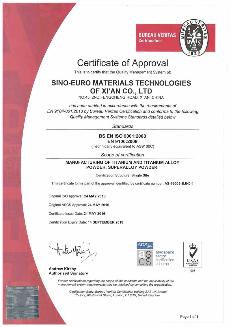 Sino-Euro Materials receives aerospace certification for its PREP metal powders