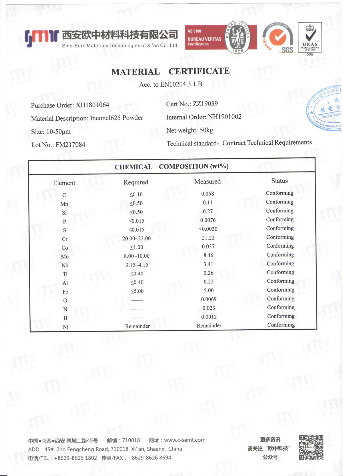 SS-PREP® Inconel625 Prealloy Spherical Powder